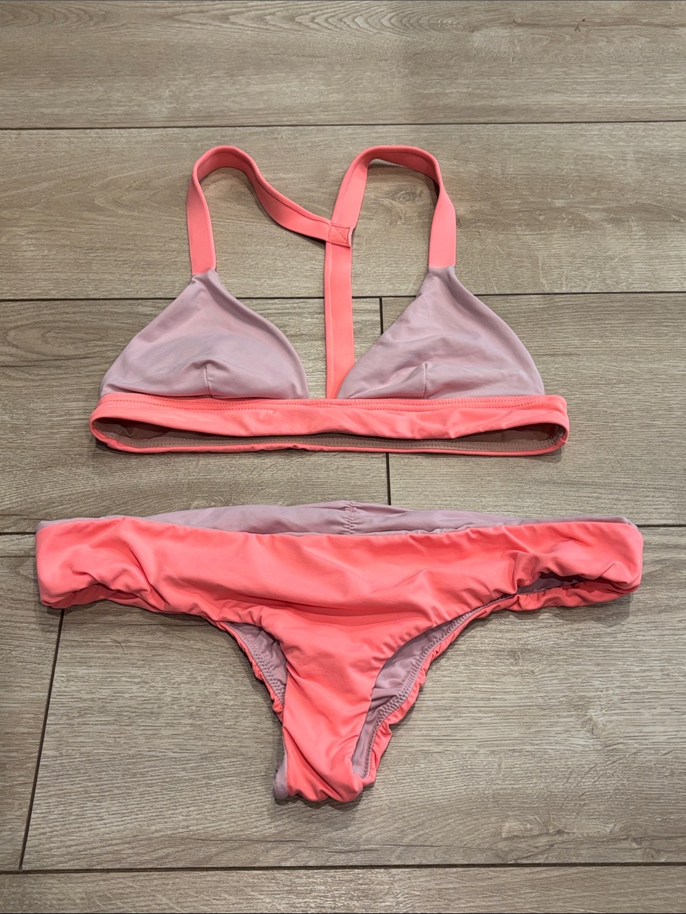 Reversible Two-Tone Triangle Bikiniu Set - Coral Pink & Mauve